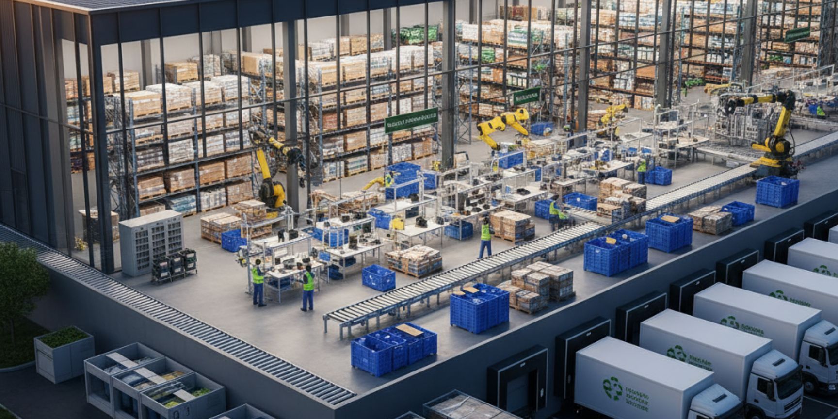 Drone view of a large, sustainable logistics center with solar panels on the roof, where reverse logistics and recycling processes take place, including trucks at the loading docks and automated returns processing inside